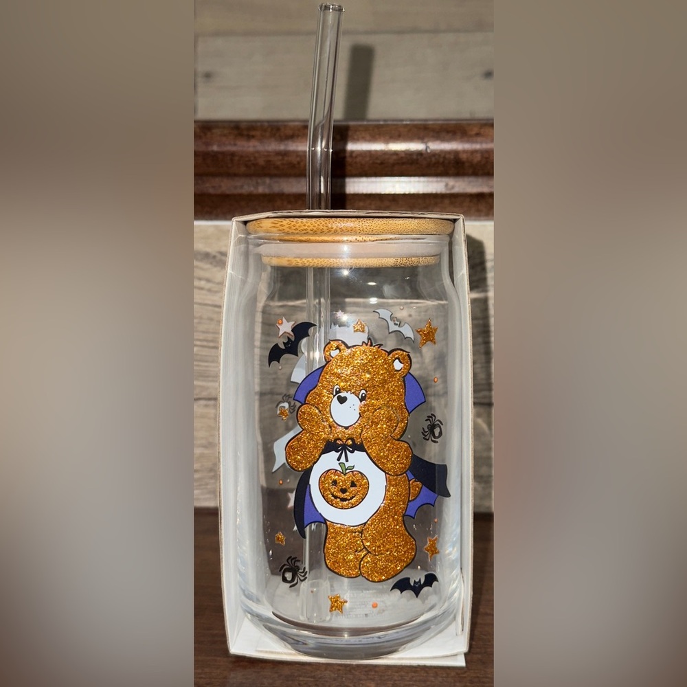 🥰 Care Bears 🐻 Halloween 🎃 Dracula Glass Tumbler With Bamboo Lid And Glass Straw